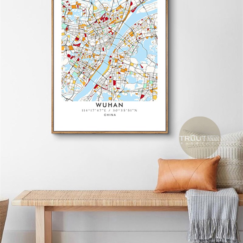 鳟鱼 定制办公室线描城市地图装饰画 客厅沙发背景墙挂画公司壁画图片