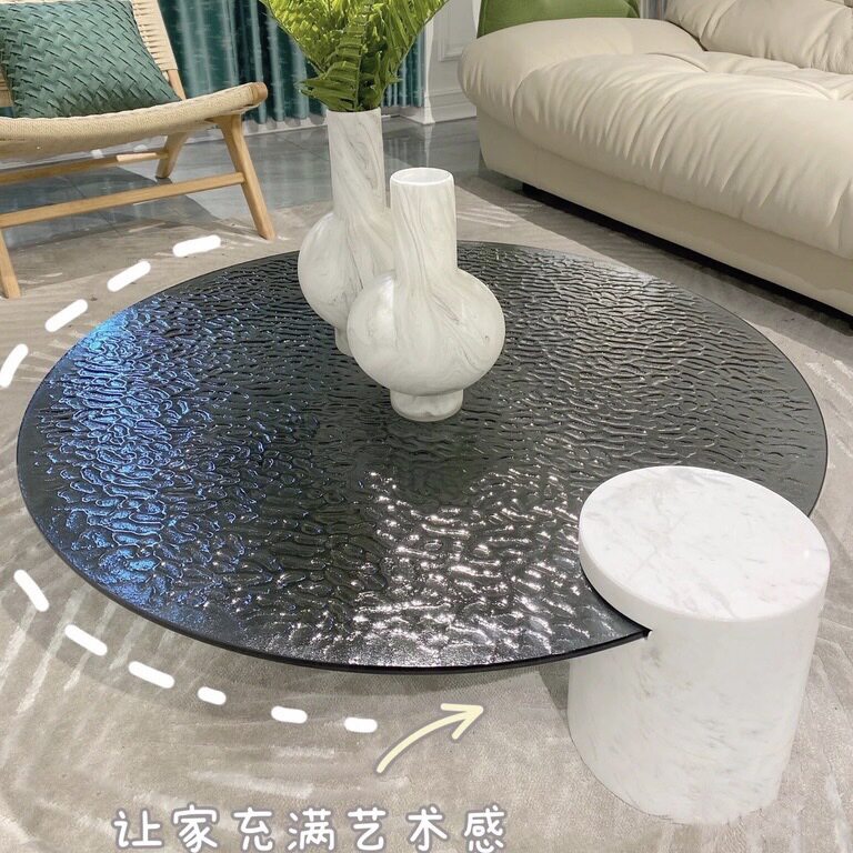 水波纹钢化玻璃茶几大理石底座客厅创意防爆组合家具轻奢圆形茶桌