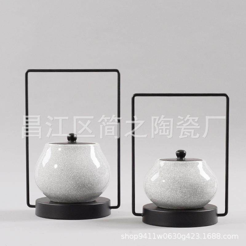 新中式白色裂纹陶瓷罐摆件样板房茶几软装饰品客厅电视柜茶室桌面