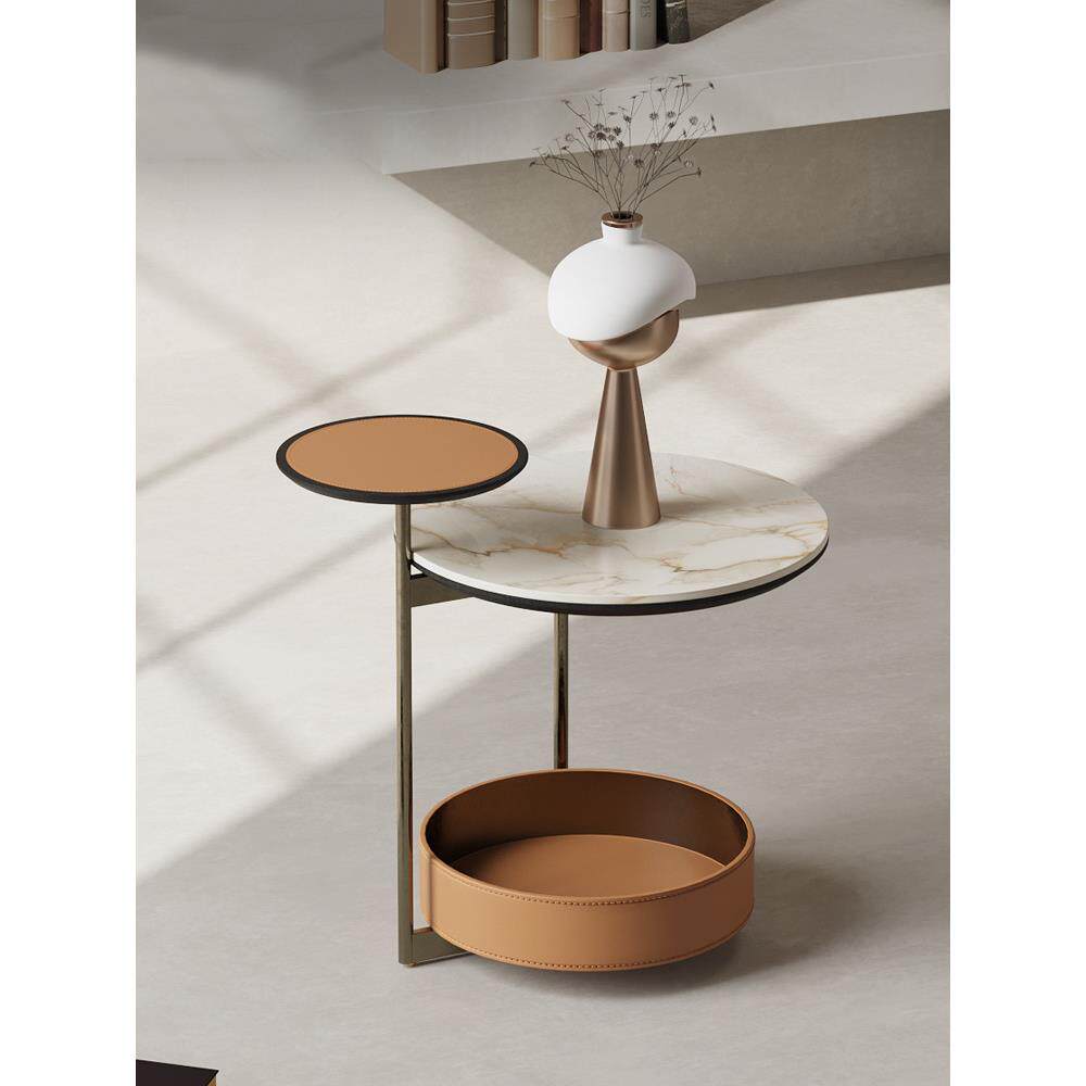 设计师沙发边几岩板极简轻奢马鞍皮客厅意式风精致阳台创意小茶几