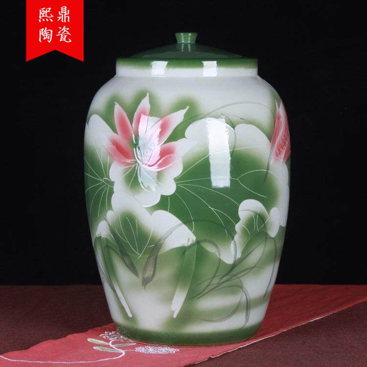 景德镇陶瓷米缸酒坛 手绘颜色釉浅雕荷花陶瓷酒坛 家居收藏摆件