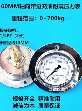 YN-60ZT耐震压力表 60MM背式带边0~700KG充油耐震高压压力表