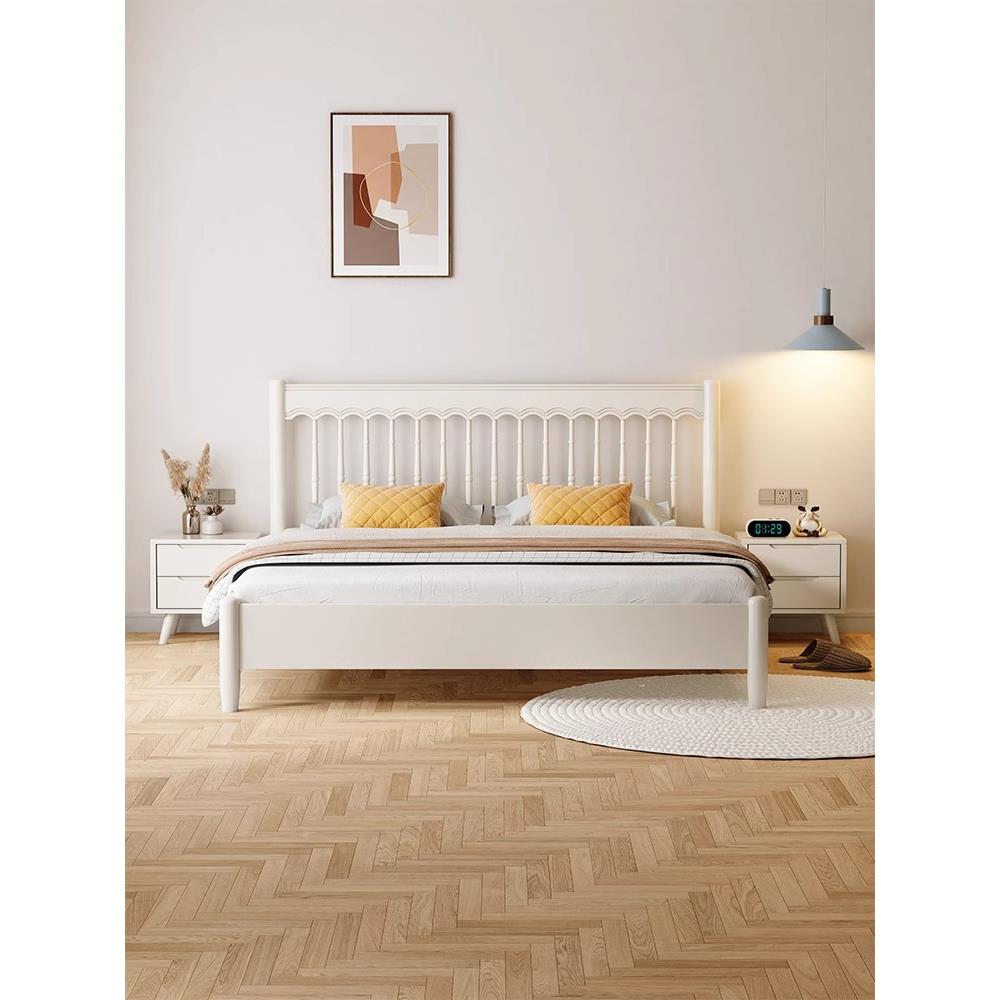 my北欧全实木床白色现代简约1米8双人奶油风公主床小户型储物床