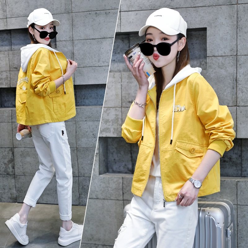 墨言歌撞色拼接连帽棒球服女2025年秋季新款韩版宽松百搭绣花外套