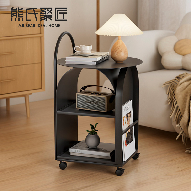 创意手扶a小推车新款可移动沙发边几黑色金属置物架带轮家用小茶