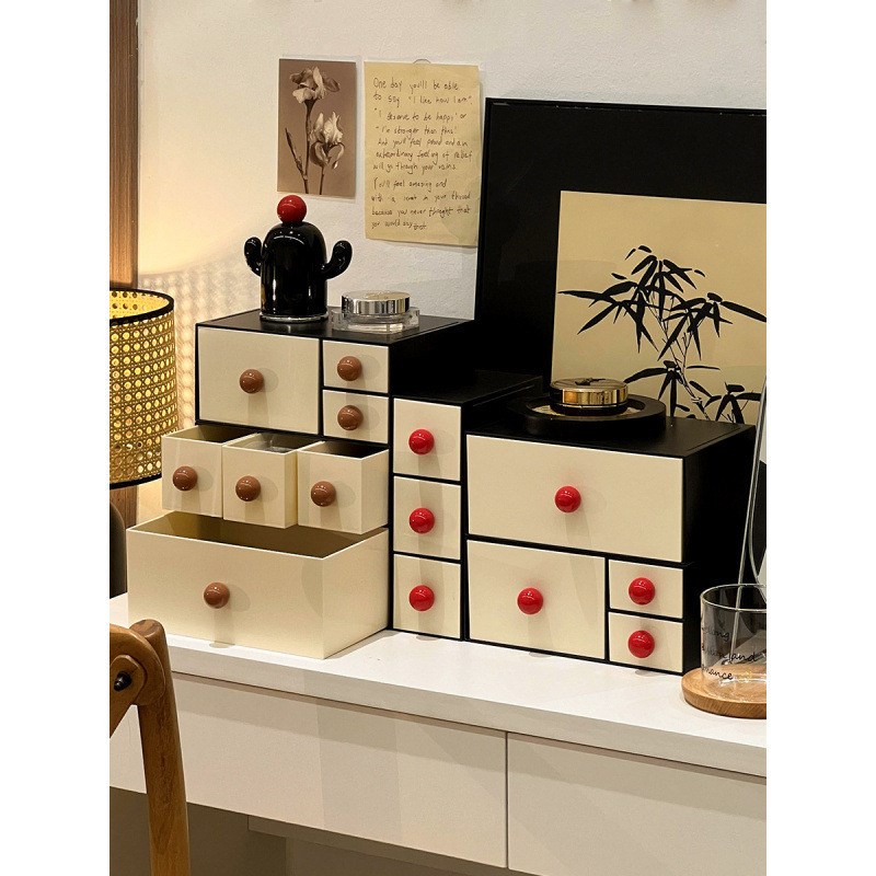 中古风抽屉式首饰收纳盒桌v面复古入户玄关钥匙置物架收纳架首饰