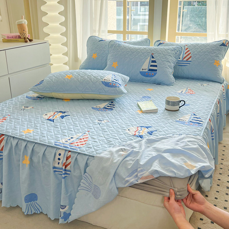 四季通用纯棉床笠式床裙款二合一全棉单件卡通夹棉床罩带裙边床盖