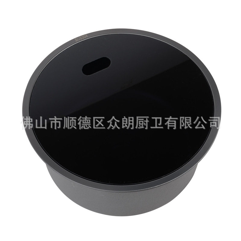 众朗304不锈钢带盖板圆形房车吧台水槽拉伸压纹纳米黑圆形单槽