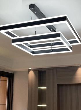 餐厅吊灯简约黑色方框双层发光客厅灯创意北欧现代led餐吊灯