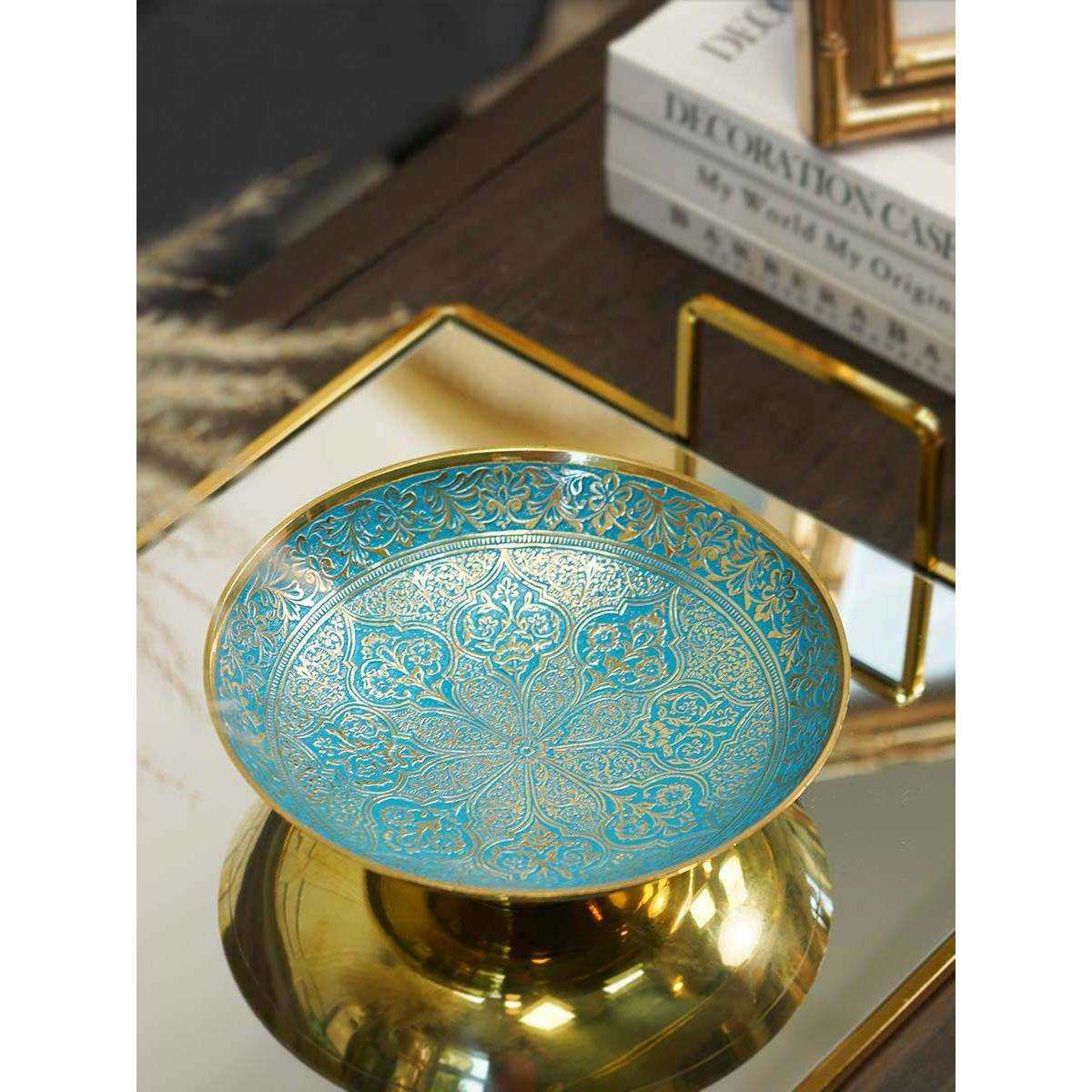 印度雕花蓝色彩绘手工收纳盘果盘果碗轻奢钥匙盘摆件,电子元器件市场,其它元器件,淘宝优惠券,粉丝福利购,淘宝优惠卷