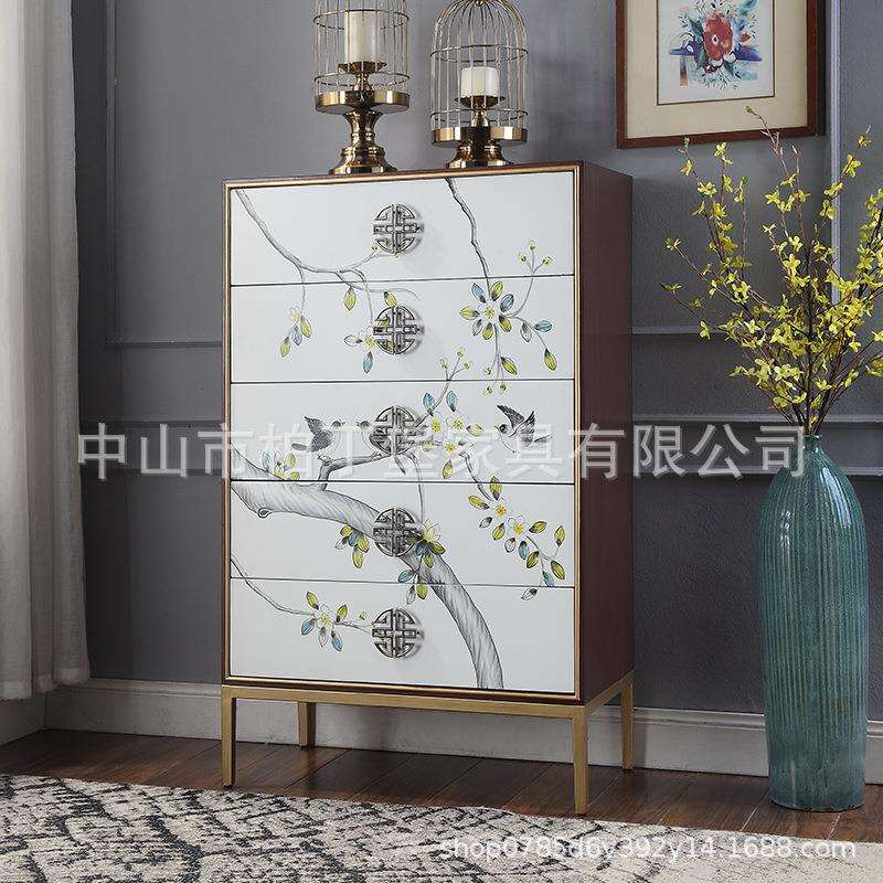 新中式五斗柜卧室收纳柜柜美式实木斗柜客厅柜彩绘抽屉玄关柜靠墙
