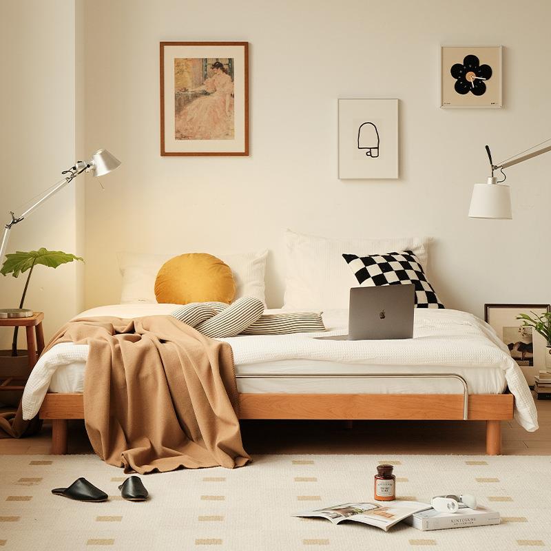 呼呼榻榻米实木床中古风北欧日式木双人床樱桃木床小户型无床头床