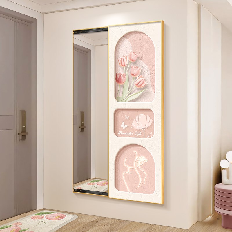 奶油风隐形穿衣镜挂画玄关装饰画隐藏式全身镜推拉暗藏式镜子壁画