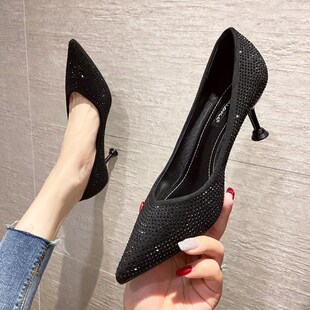 水钻黑色职业尖头工作单鞋 法式 春季 女细跟气质20t24年新款 高跟鞋