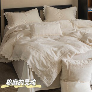 枫丹白露亚麻棉花边款四件套自然睡旧感20亚麻舒服干爽四件套法式