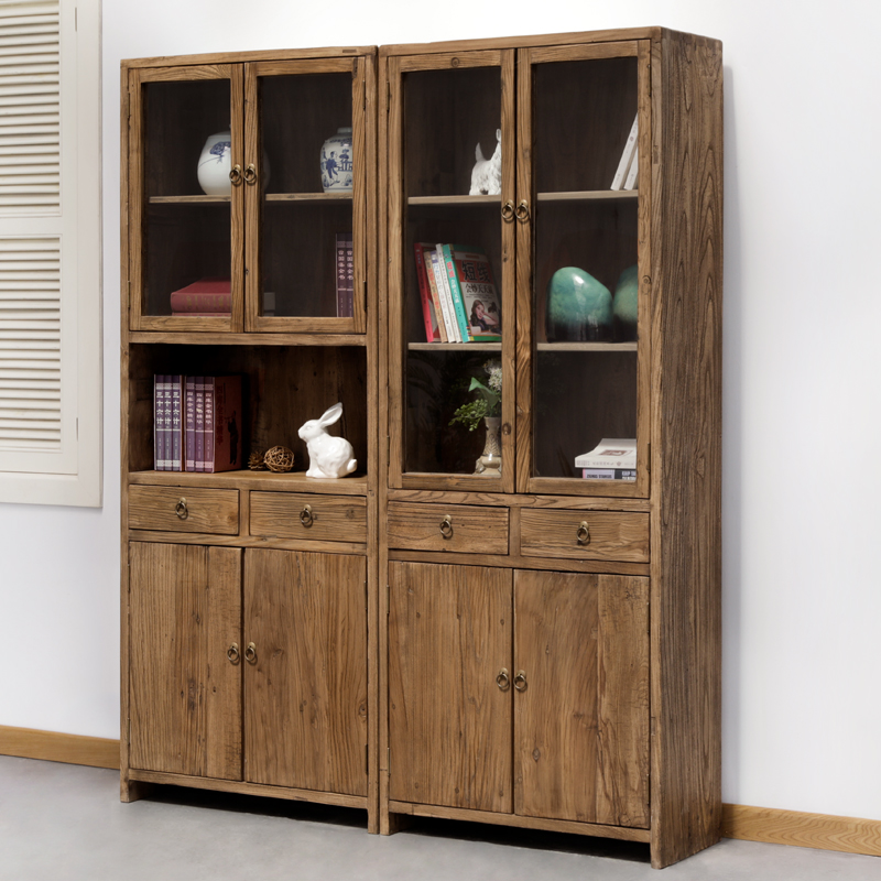 全实木书柜老门板书架玻璃带门现代简约办公落地书橱客厅柜储物柜