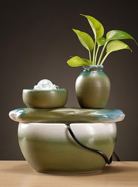 财源滚滚小型流水摆件循环水生财陶瓷桌面装饰客厅玄关古法鱼缸