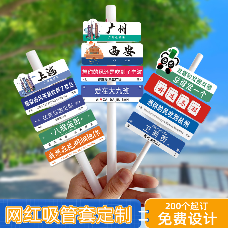 路牌吸管套定制logo卡片装饰咖啡标签网红奶茶杯套城市名地标插牌