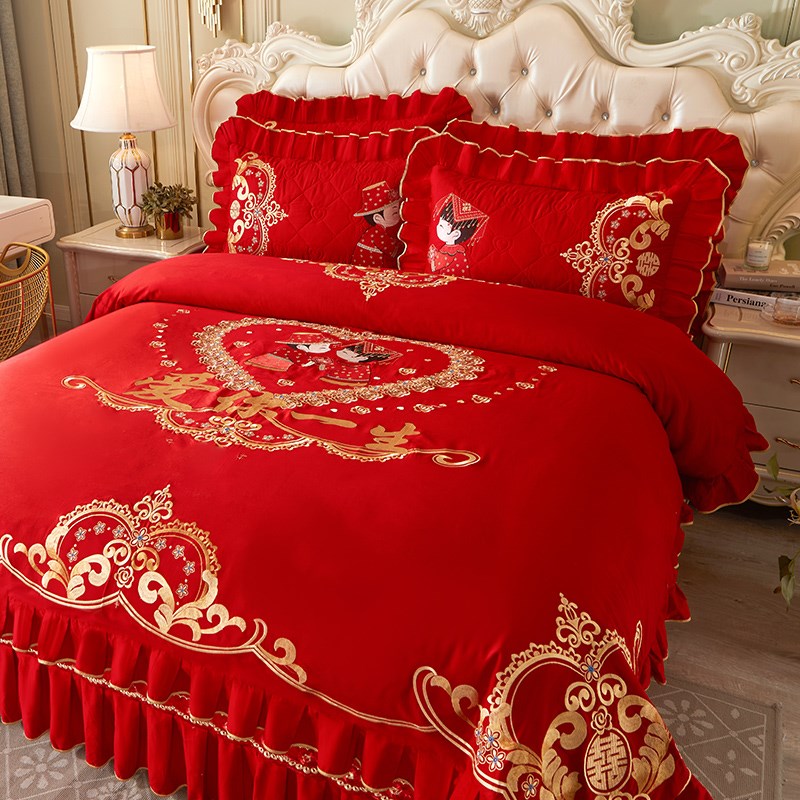 高档中式结婚庆全棉床盖四件套高级感纯棉刺绣花被套大红床上用品