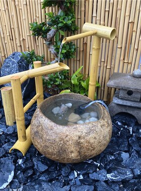 日式庭院惊鹿流水竹子摆件招财景观户外鱼缸惊鸟石钵水钵造景摆件