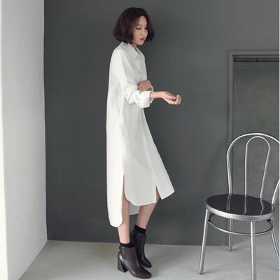 韩版加长版衬衣女春2024新款超长过膝中长M款宽松洋气大款衬衫裙