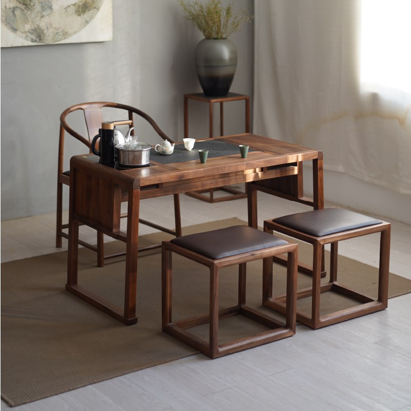 阳台组合茶桌新中k式茶台禅意烧水壶台黑胡桃实木乌金石案茶室家