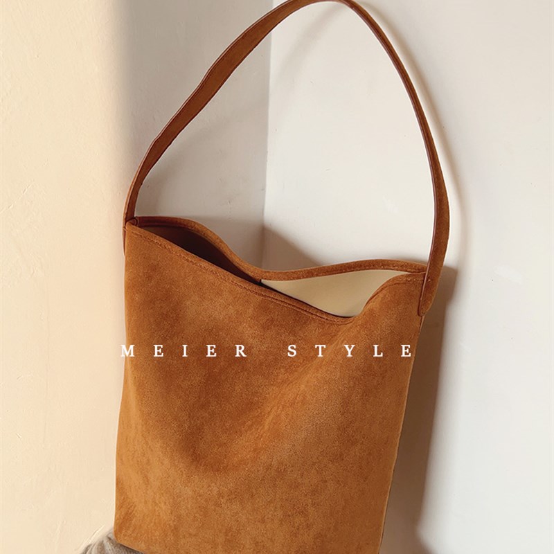 韩国insd复古绒面单肩包大容量托特包秋冬时尚慵懒风水桶包子母包