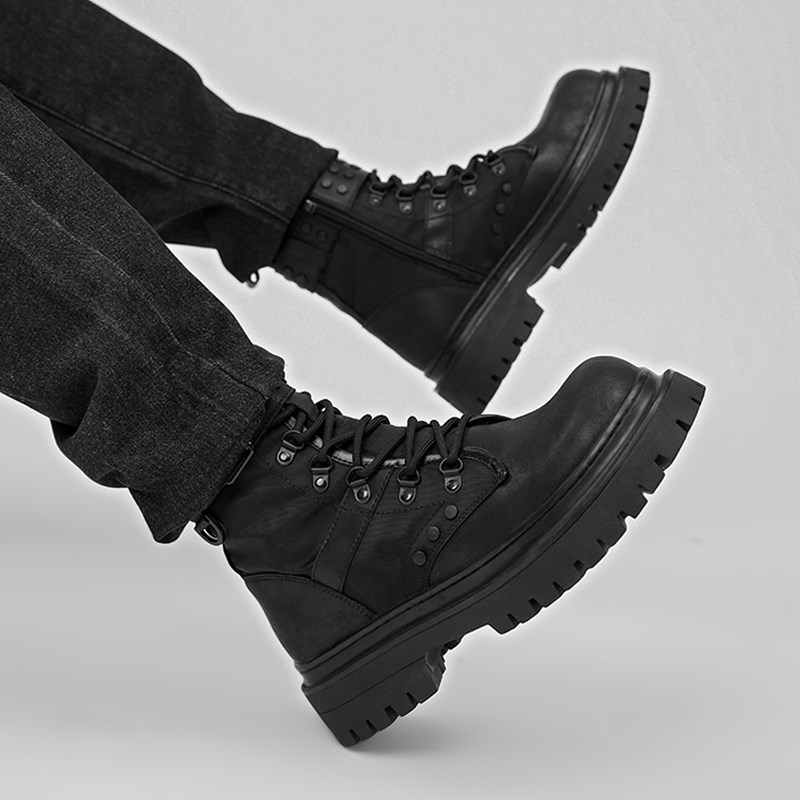 美式马丁靴军战靴男2024新款冬季百搭情侣黑色侧拉链工装高筒靴男