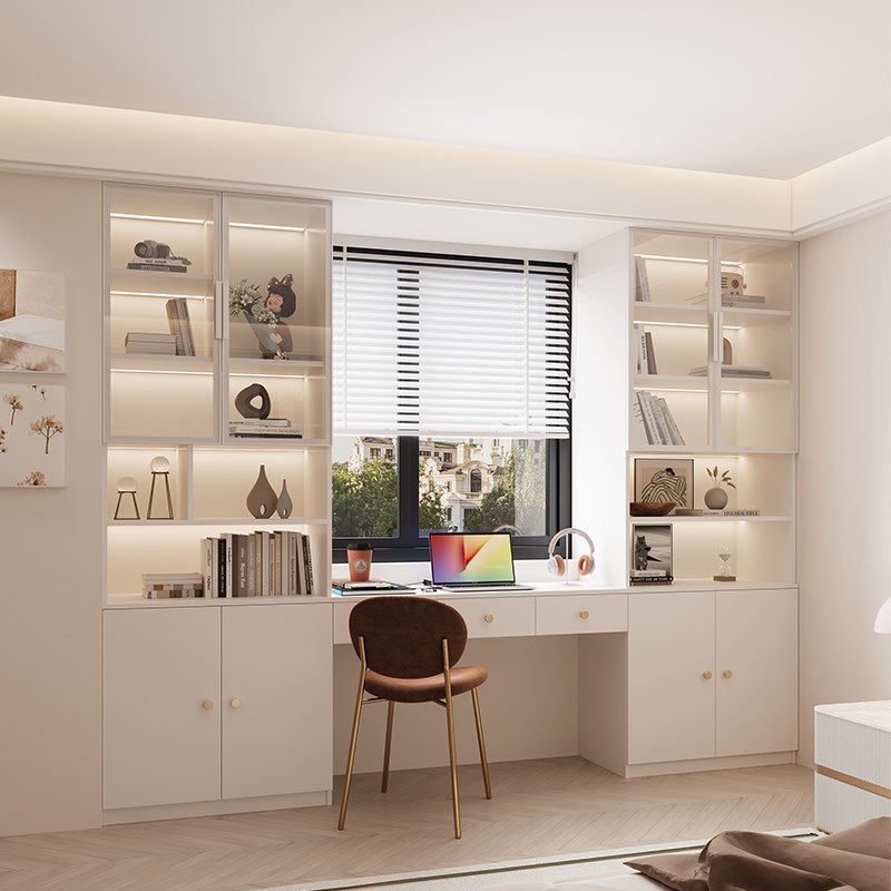 实木飘窗书桌书架一体卧室学习桌小户型家用电脑桌书柜组合写字台