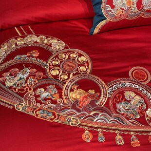 喜狐中式 婚庆四件套红色刺绣婚房婚礼绣花喜被结婚被套床上用