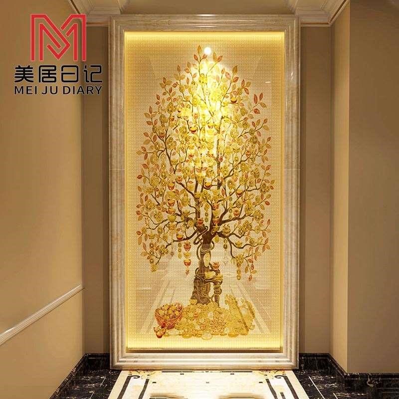 入户过道摇钱树发财板金钱树微晶石玄关瓷砖大理石彩雕背景墙欧式