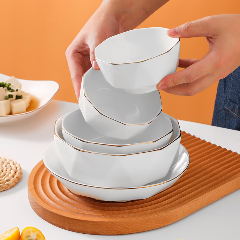 碗10个装陶瓷描金边米饭碗简约家用面碗喝粥碗汤碗可微波炉陶瓷碗