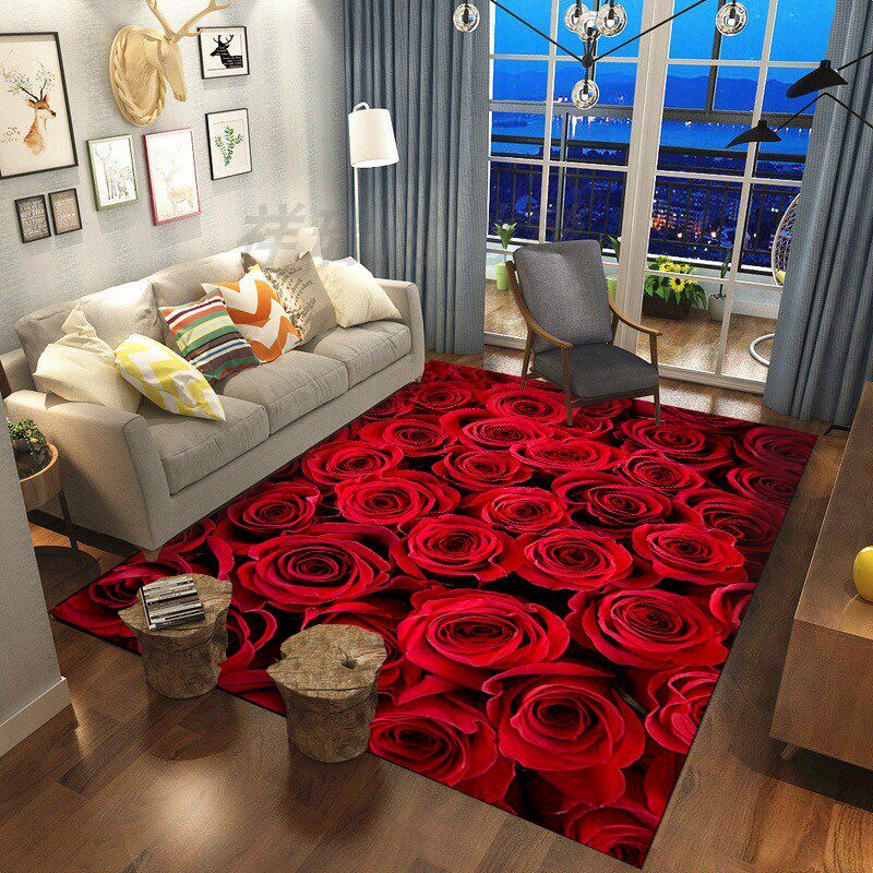 红色婚庆玫瑰花卉印花地毯客厅沙发茶几卧室玄关垫电脑转椅床边垫