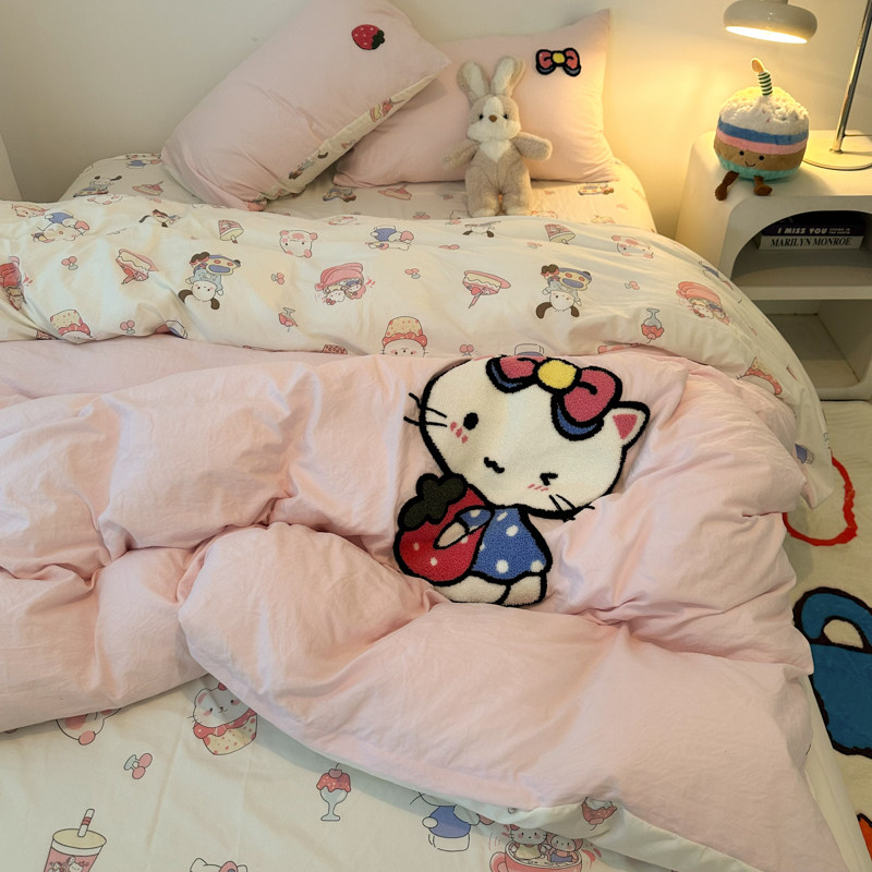 大版卡通可爱毛巾绣四件套学生宿舍家H用水洗棉床单被套枕套三件