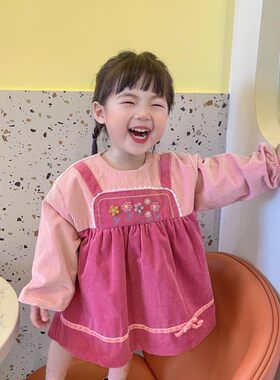 公主罩衣宝宝罩衫女n孩外穿洋气儿童灯芯绒围兜防水脏吃饭围裙秋