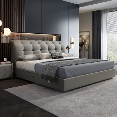 皮床真皮轻奢现f代双人床2米2.2现代简约1.8米主卧1.5m高箱储物床