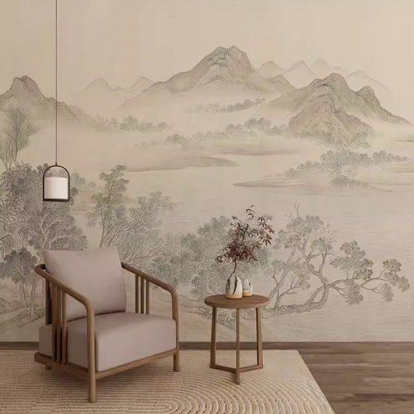 新中式山水画墙布茶室书房大气素雅背景墙客厅沙发壁纸定制壁画3d,家装主材,无纺布墙纸,淘宝优惠券,粉丝福利购,淘宝优惠卷
