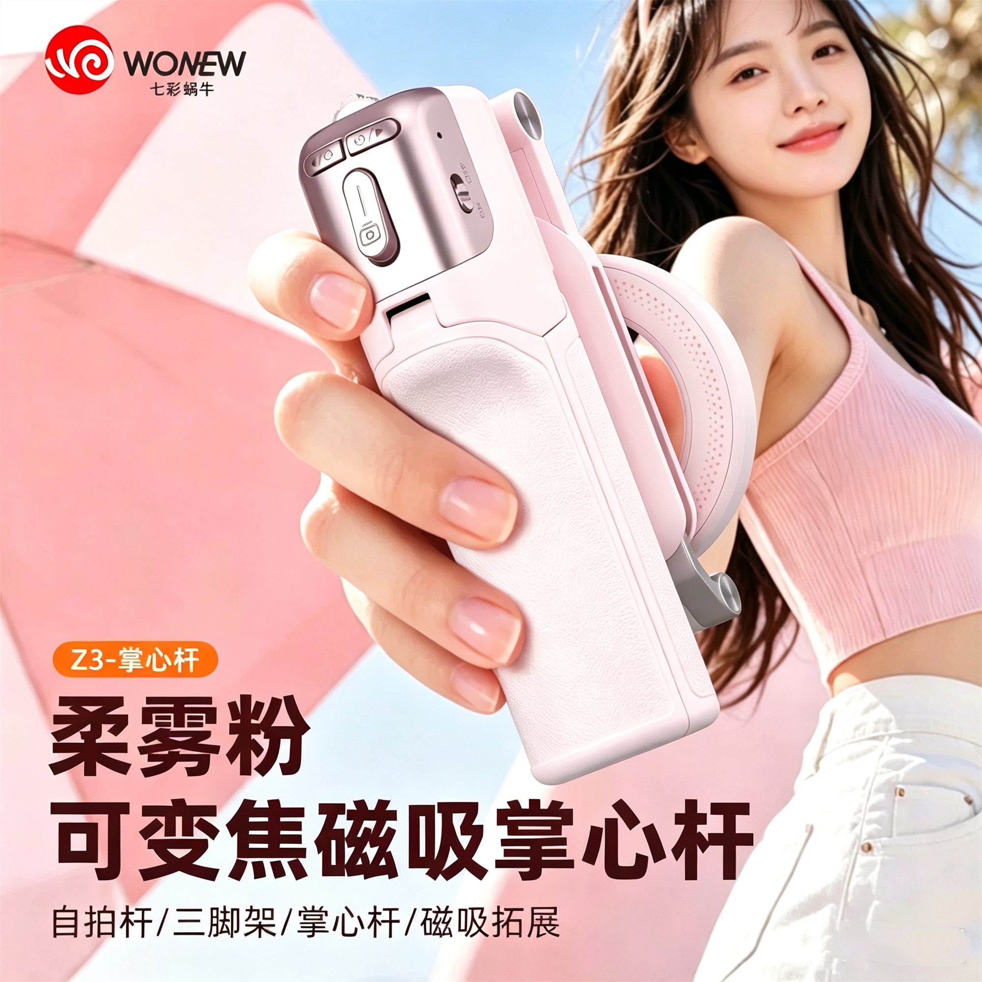 wonew七彩蜗牛Z3柔雾粉自拍杆手机自拍拍照神器手机支架便携手持防抖拍摄手柄桌面三脚架送礼物2026新款