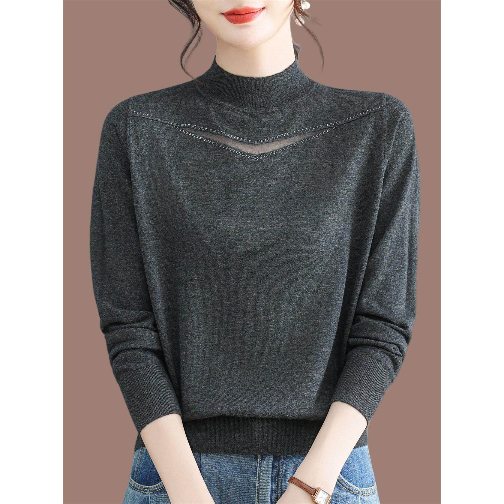 高贵针织衫镂空网纱长袖上衣女春秋薄款宽松洋气半高领时尚打底衫