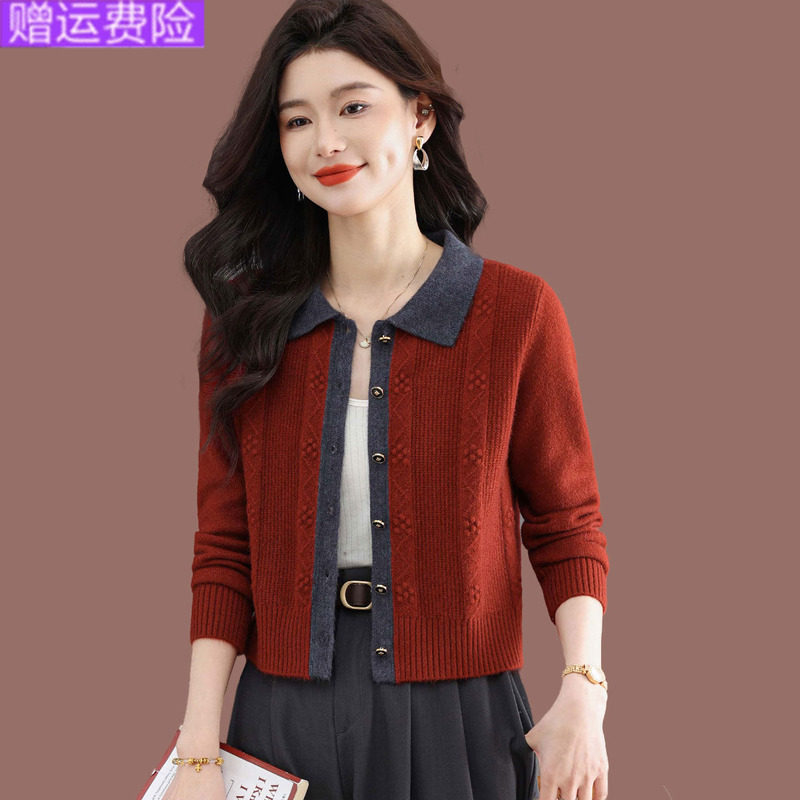 拼色翻领羊毛针织开衫女