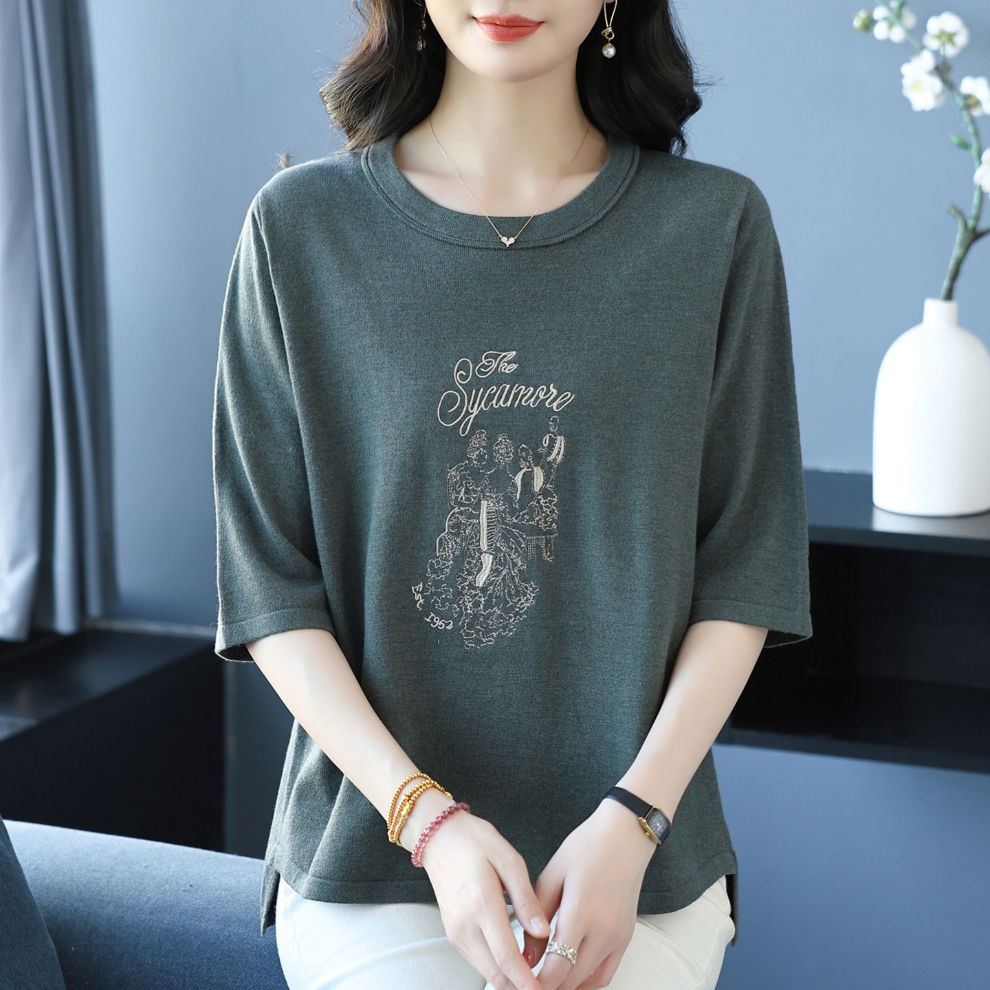 胖妈妈中袖羊毛小衫女宽