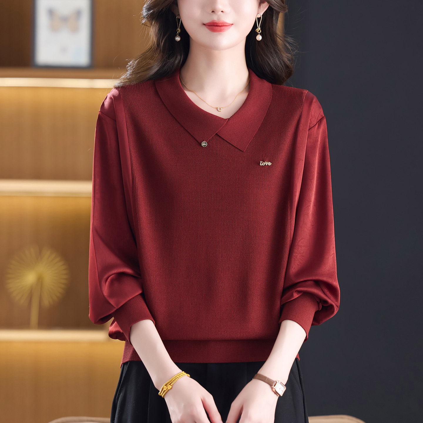 翻领针织打底衫女秋装202