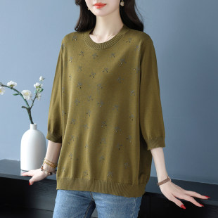 上衣藏肉显瘦七分袖 女装 t恤 200斤大码 中年妈妈春夏烫钻冰丝针织衫