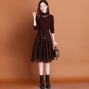 蕾丝针织连衣裙秋冬2025新款 收腰显瘦配大衣内搭打底毛衣裙中长款