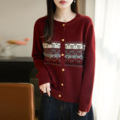 本命年红色费尔岛针织打底开衫 宽松毛衣外 大尺码 女2026年春装 新款