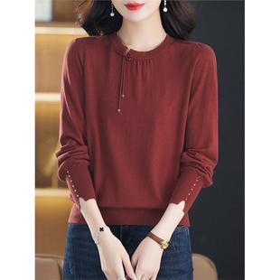 中式国风羊毛衫女士秋冬薄款针织打底衫春秋上衣2025新款妈妈毛衣