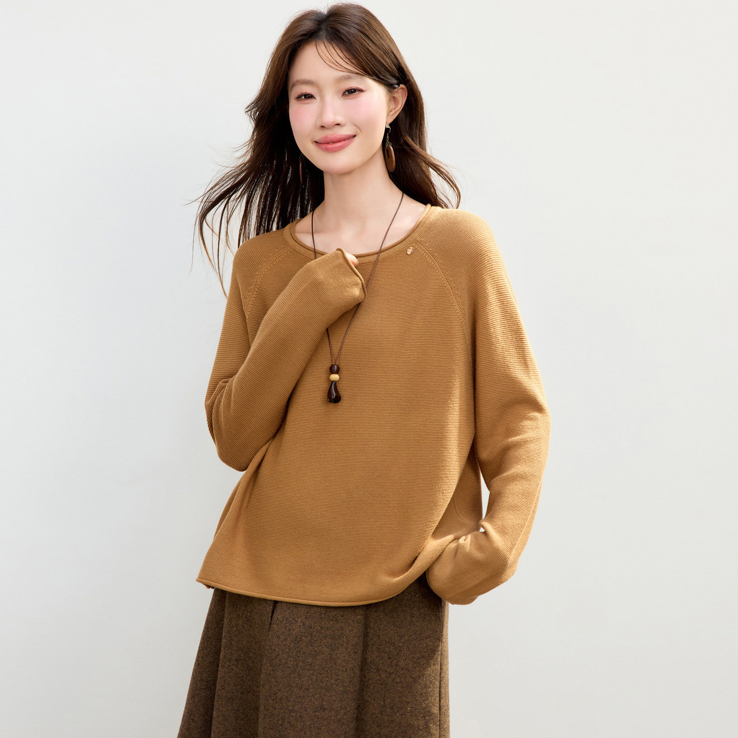 慵懒风圆领针织衫女宽松