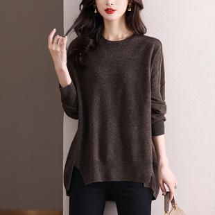 前短后长毛衣女秋冬中长款遮屁股针织衫上衣大码100纯羊毛打底衫