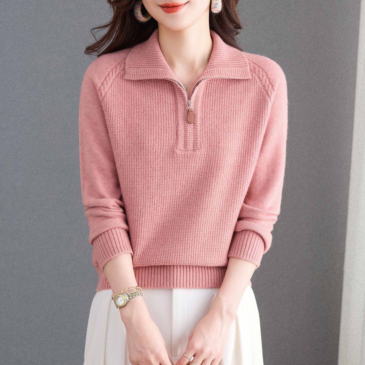 翻领半拉链毛衣女款2026