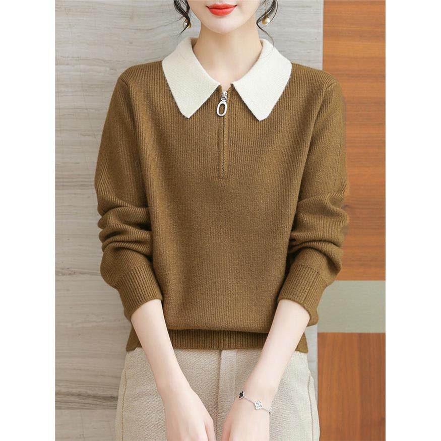 娃娃领半拉炼毛衣女秋冬2024新款冬季加厚短款内搭上衣针织打底衫